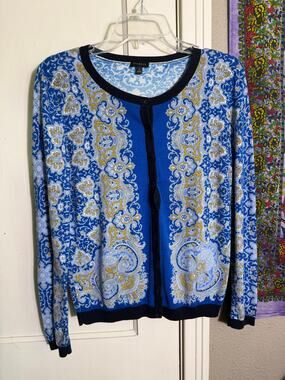 Talbots Blue Paisley Cardigan Sweater Lightweight Knit Long Sleeve - Small